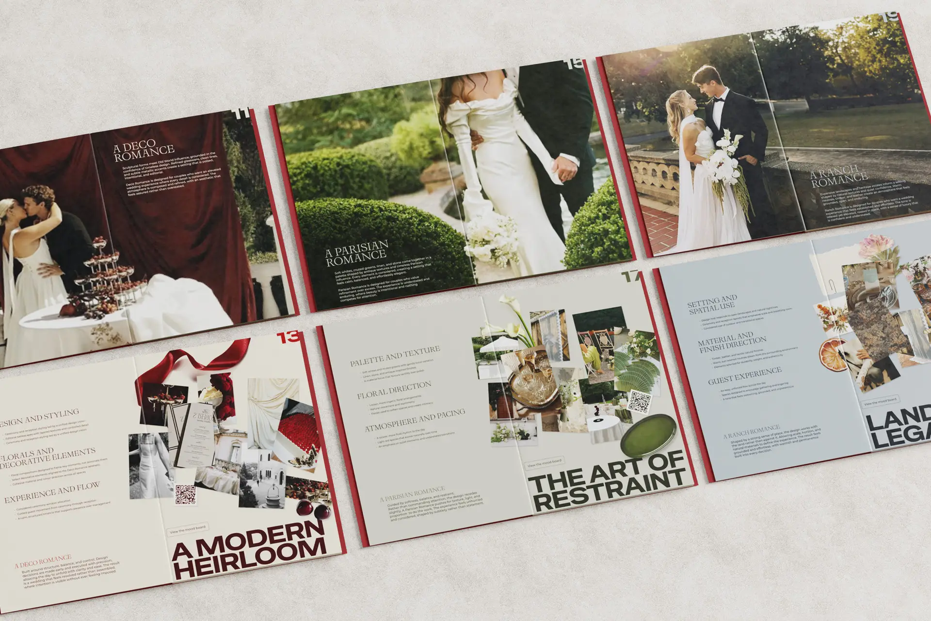 Interior spreads from the A Modern Romance printed lookbook, fanned open on a textured surface. Visible sections include "A Deco Romance," "A Parisian Romance," "A Ranch Romance," and pages titled "A Modern Heirloom" and "The Art of Restraint," featuring wedding photography, mood board collages, and editorial copy.